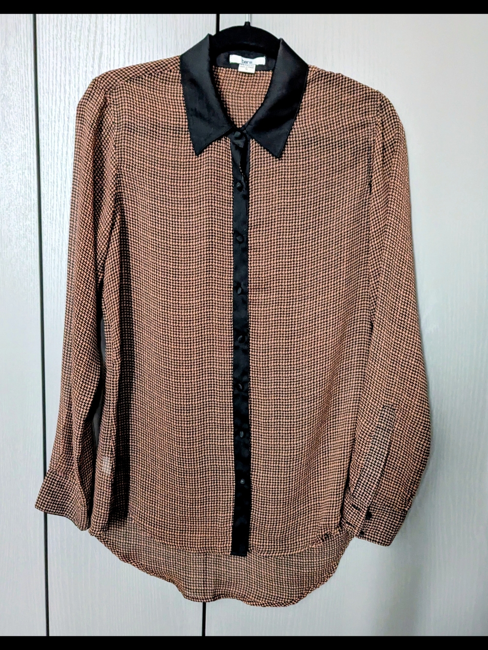 Brown Houndstooth Button-Up Shirt Contrast Collar And Plackard, Bar III